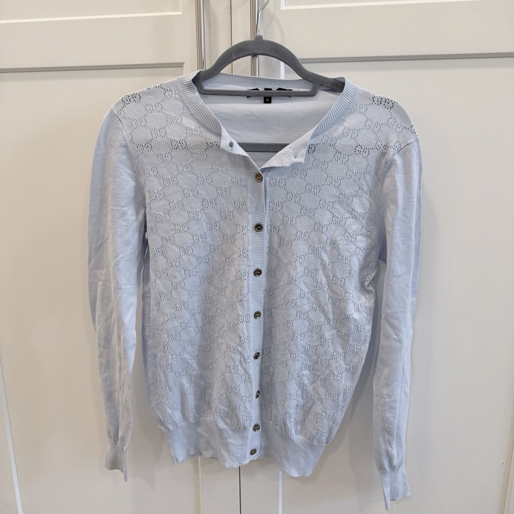 Gucci Womens M Silk Cotton Pointelle Cardigan Light Blue Gold Logo Buttons Italy - Picture 1 of 10